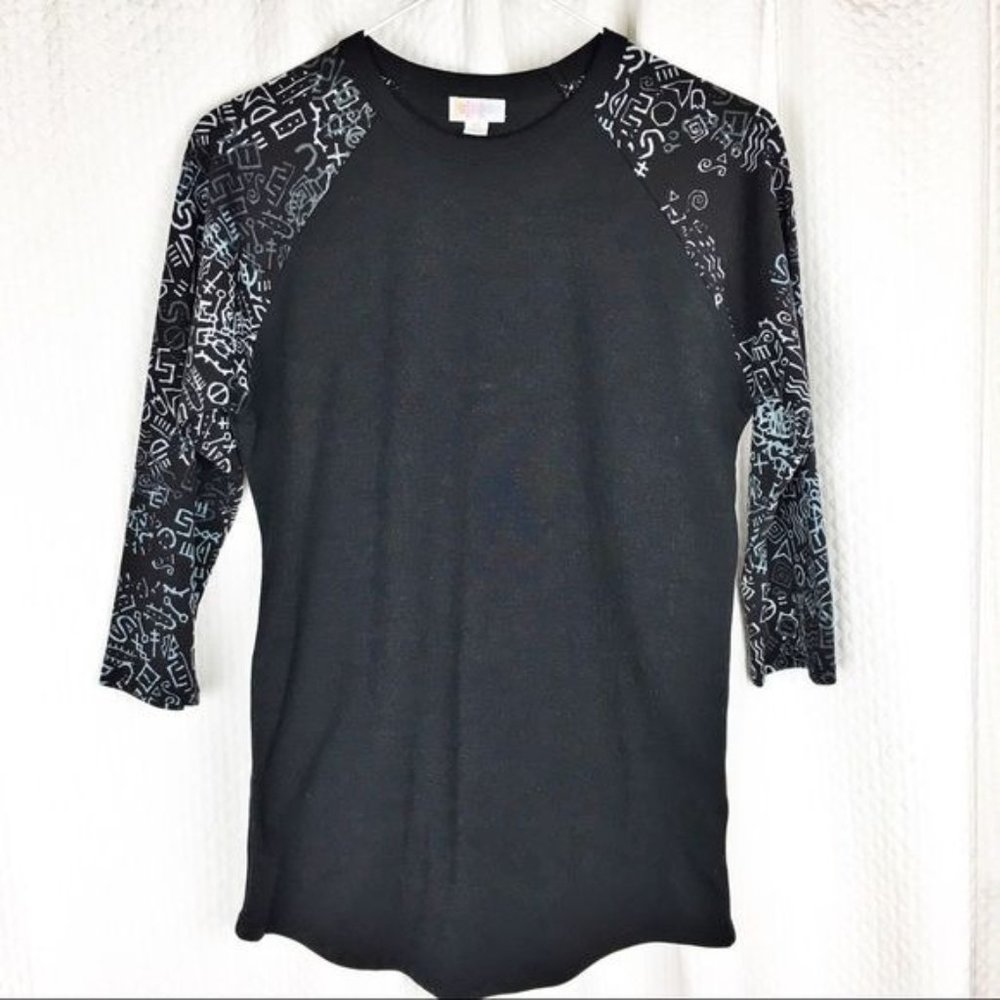 Lularoe Randy Black XS Pullover 3/4 Length Sleeve Geometric Accent Raglan Style